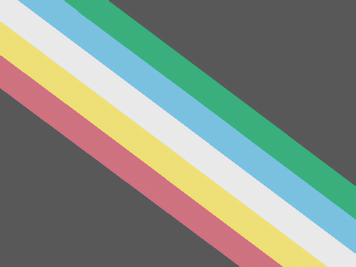 The Disability Pride Flag: diagonal stripes of red, yellow, white, blue and green on a charcoal background